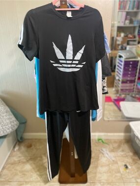 Black Track Pant Jogger Set with White Logo and Stripes